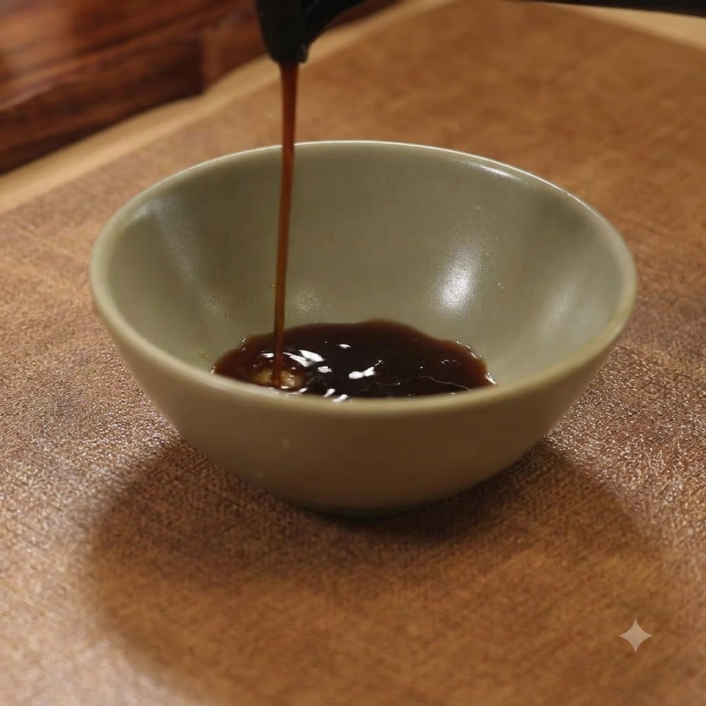 Sauce soja noire versée depuis une bouteille dans un petit bol en céramique posé sur une planche en bois.