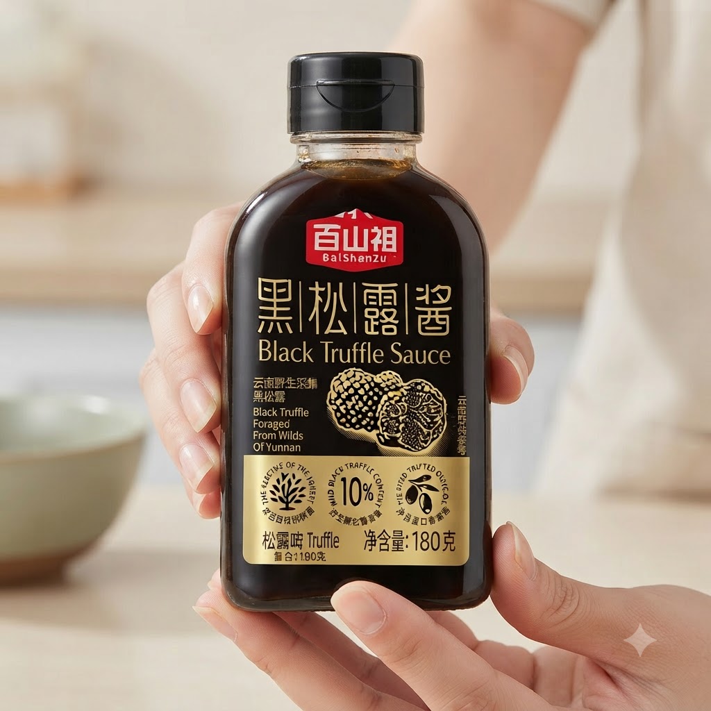 Une bouteille de sauce à la truffe noire tenue par des mains avec létiquette bien visible.