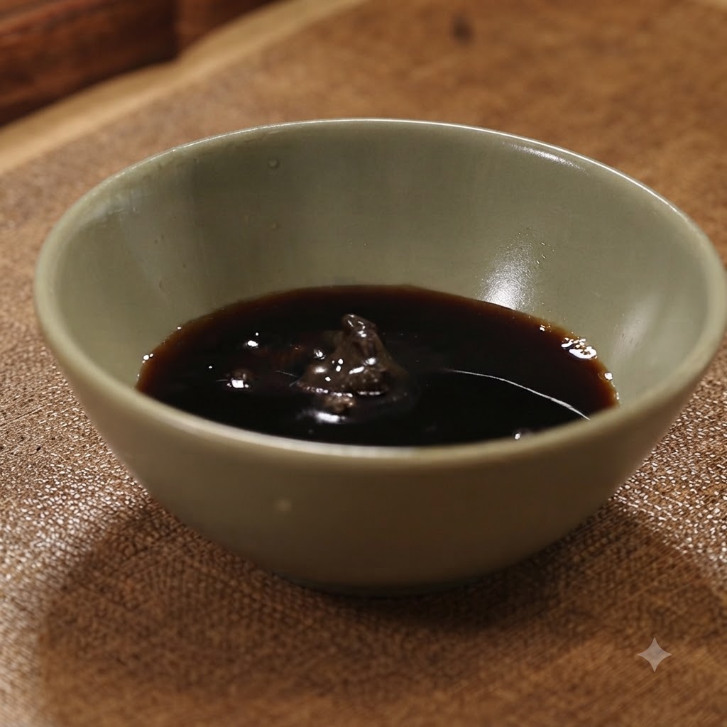 Un petit bol contenant une sauce foncée avec une cuillerée de pâte de truffe noire au centre.