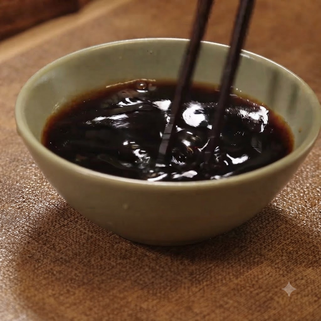 Des baguettes remuant un mélange de sauce liquide foncée à lintérieur dun petit bol en céramique.