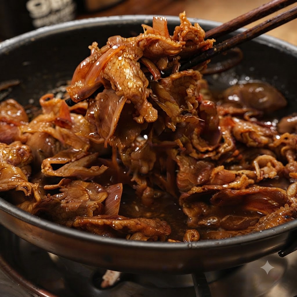 Une paire de baguettes soulevant une portion de bœuf teriyaki cuit et doignons hors dune poêle.