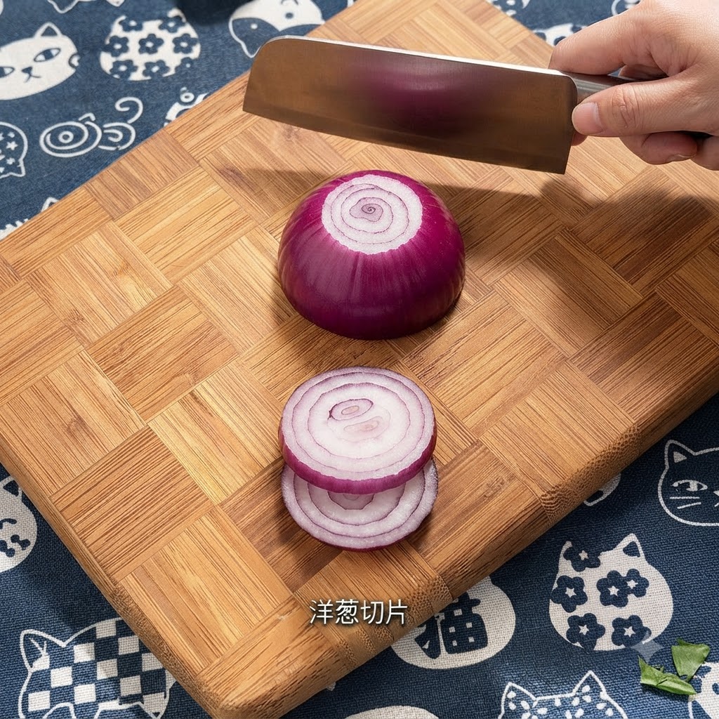 Un oignon rouge coupé en anneaux avec un grand couteau sur une planche à découper en bois.