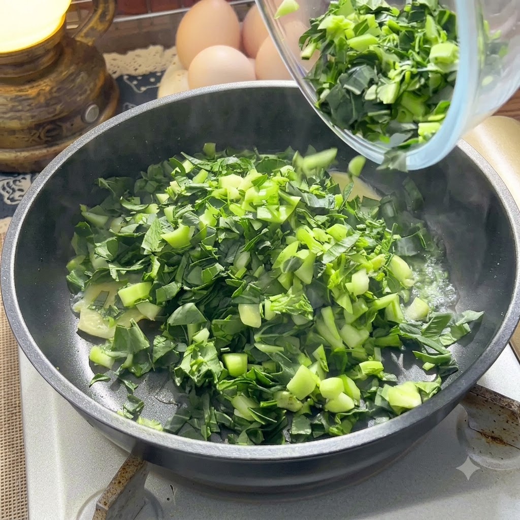 Légumes verts hachés et gingembre en train dêtre sautés dans une poêle chaude.