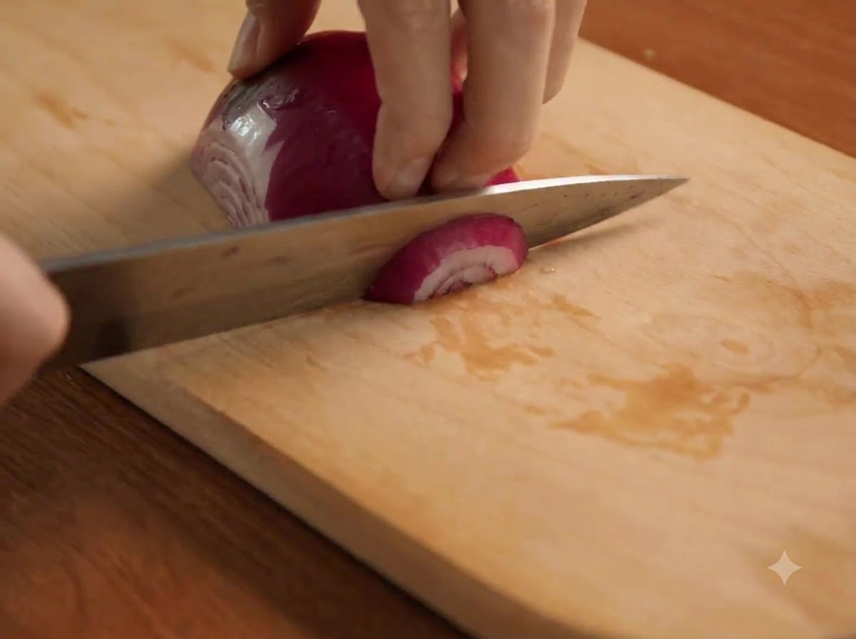 Un oignon rouge coupé en fines tranches avec un couteau sur une planche en bois.