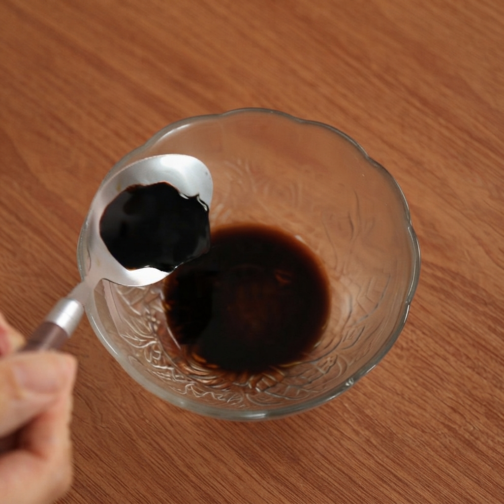 Une cuillère de sauce soja foncée ajoutée dans un petit bol en verre.