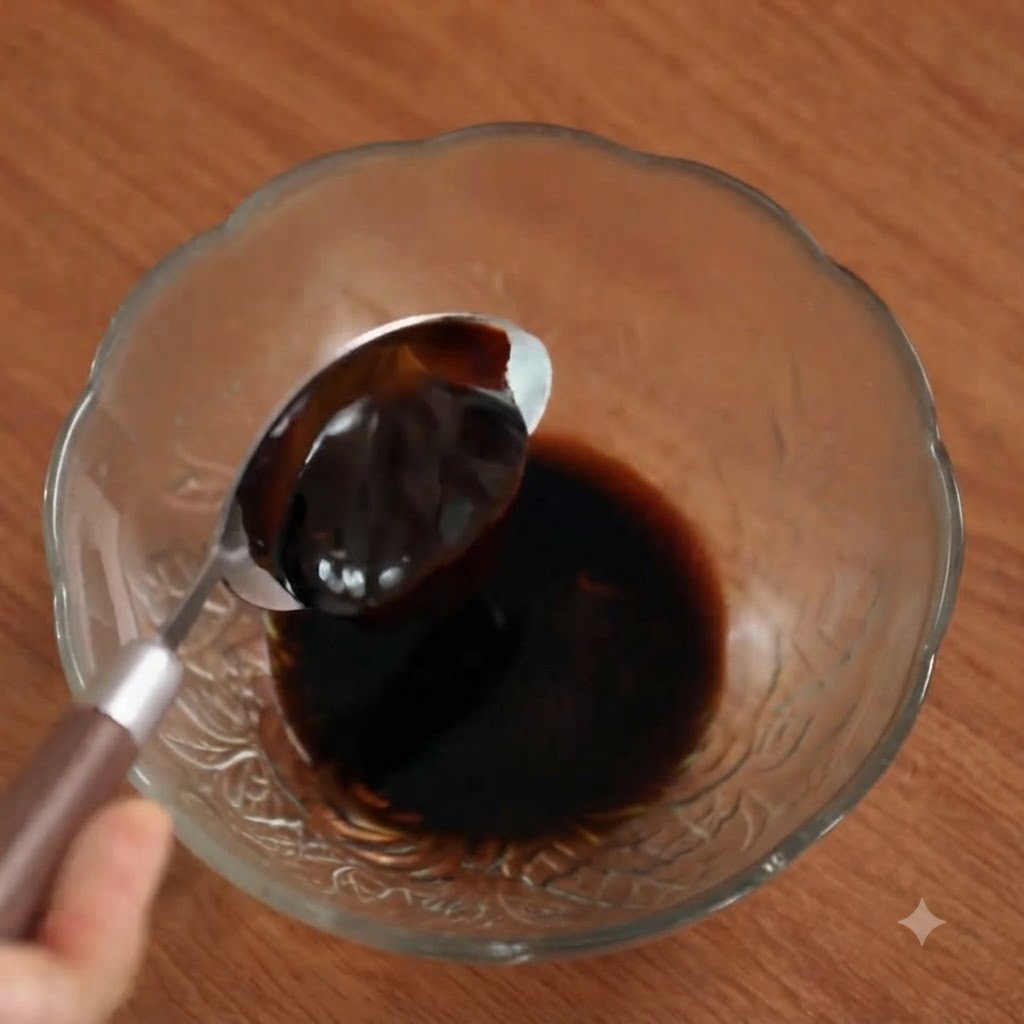 De la sauce huître épaisse prélevée à la cuillère dans un bol en verre contenant les ingrédients de la sauce.