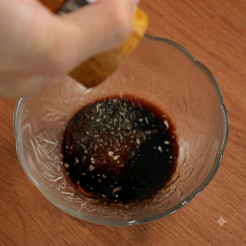 Du poivre noir fraîchement moulu au-dessus du mélange de sauce dans un bol en verre.
