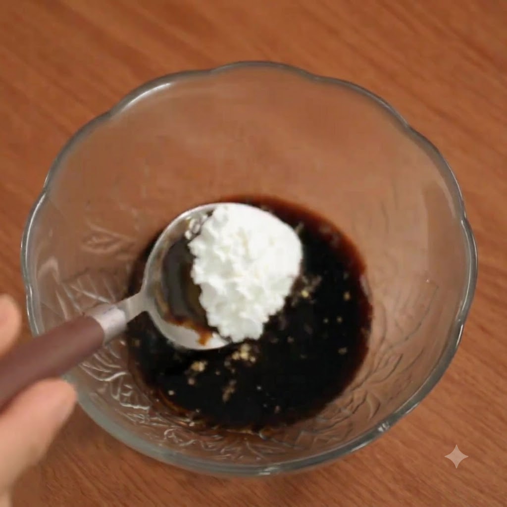 Une cuillère de fécule de maïs ajoutée dans le bol de sauce.