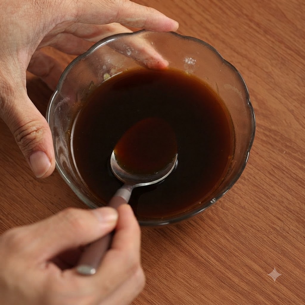 Une main utilisant une cuillère pour remuer la sauce teriyaki mélangée dans un bol en verre.