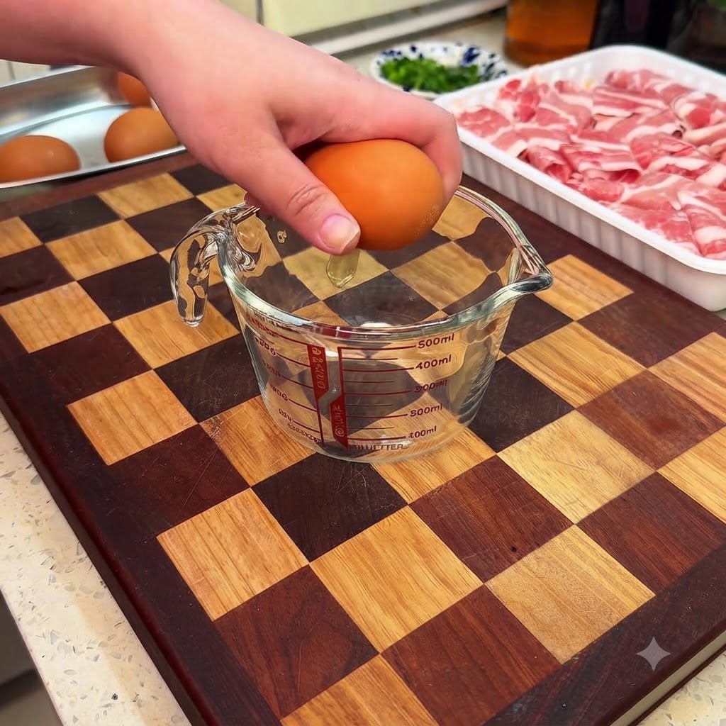 Quatre œufs crus cassés individuellement dans une tasse à mesurer en verre transparent sur une planche à découper.