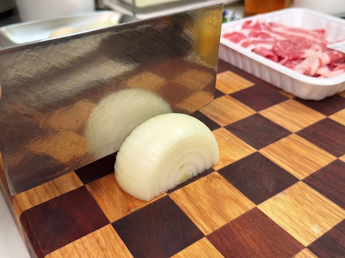 Un demi-oignon coupé en tranches épaisses avec un couteau de boucher sur une planche à découper en bois à motifs damier.