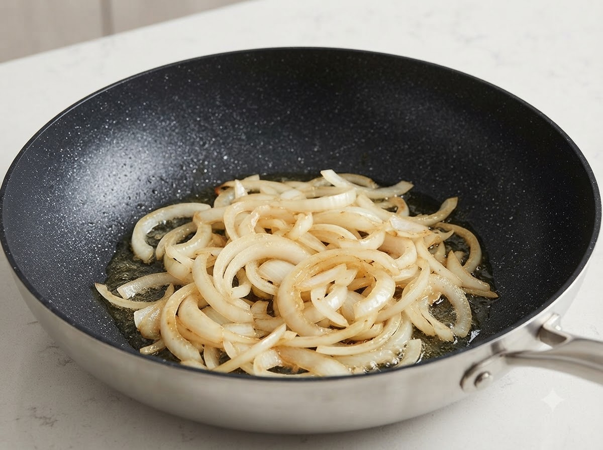 Des oignons émincés qui cuisent et ramollissent dans une poêle avec de lhuile.