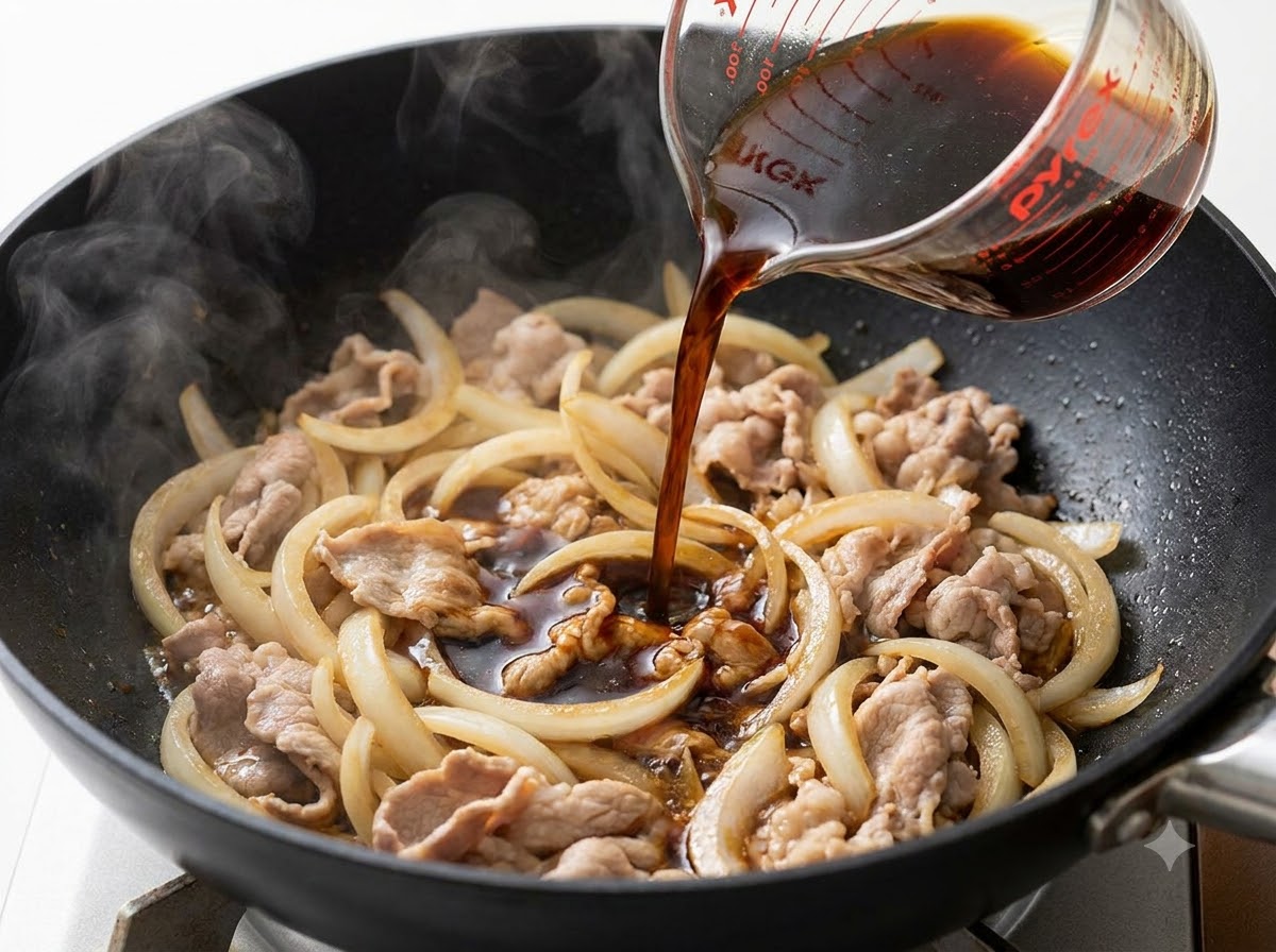 La sauce teriyaki versée depuis un verre doseur dans une poêle remplie de bœuf et doignons.