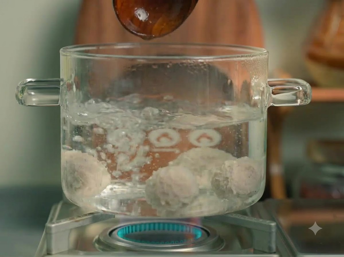 Des boulettes de porc cuisant dans leau bouillante à lintérieur dune casserole en verre sur une plaque de cuisson.