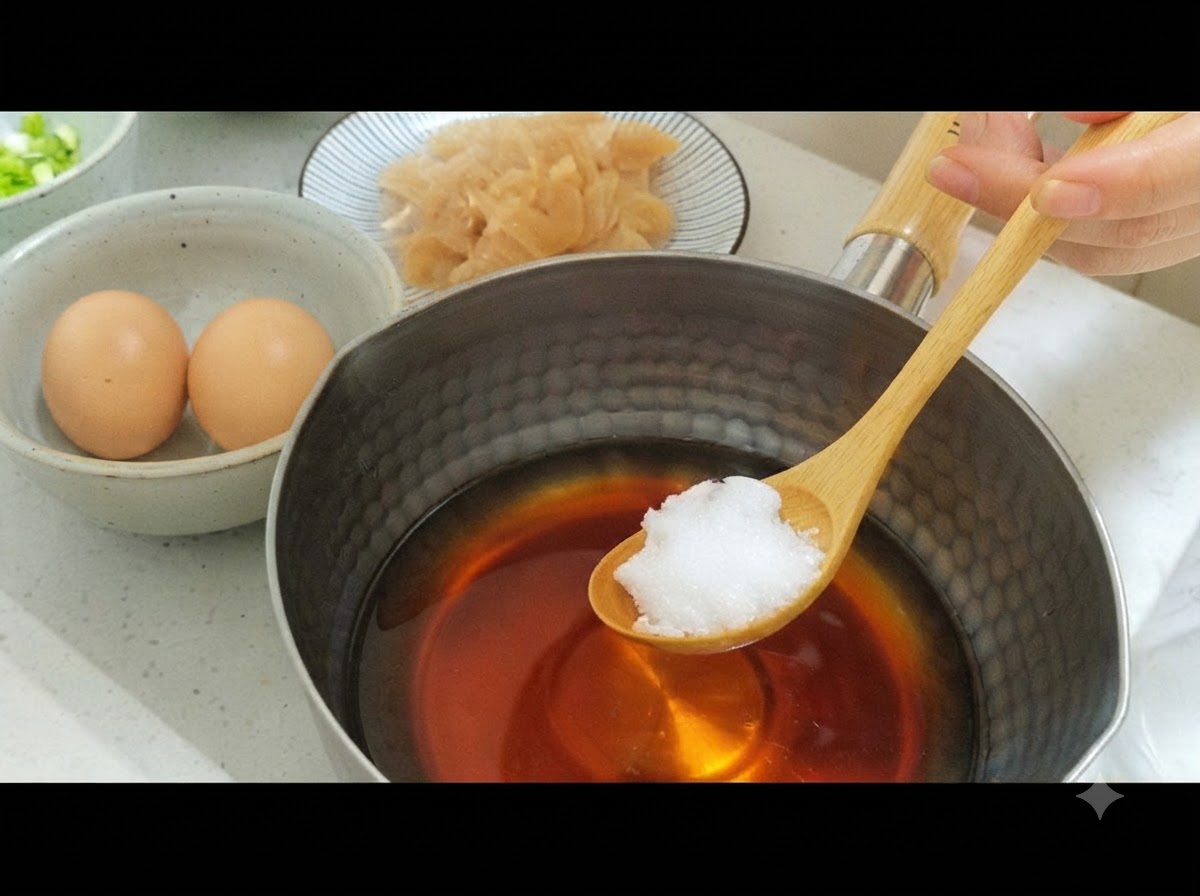 Une cuillere en bois chargee de sucre blanc tenue au-dessus dun melange de bouillon assaisonne dans une casserole.