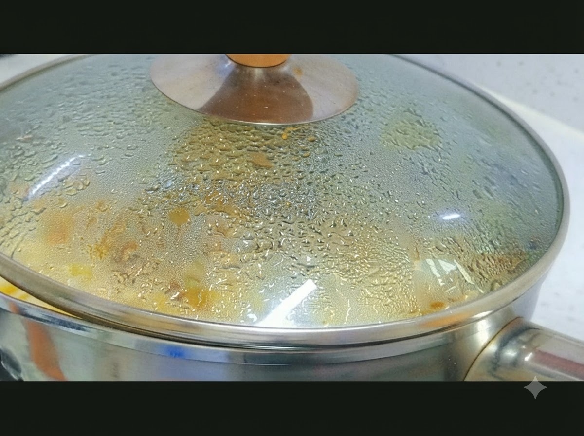 Un couvercle en verre avec de la condensation place sur une casserole de cuisson.
