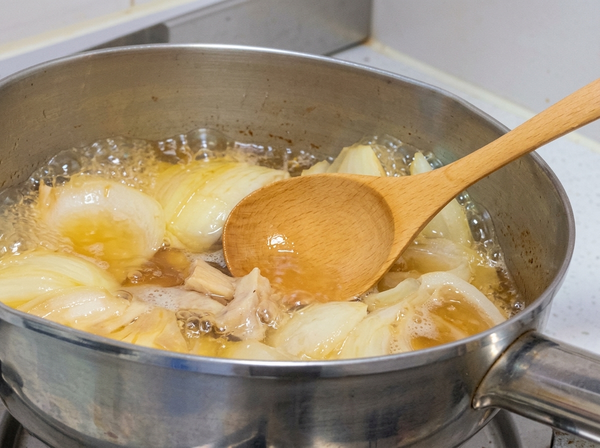Une cuillere en bois ecumant la mousse dune casserole de bouillon bouillonnant avec du poulet et des oignons.