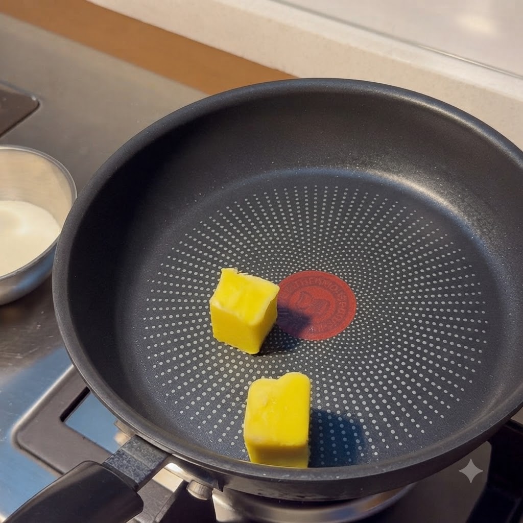 Beurre en train de fondre dans une poêle antiadhésive noire sur une cuisinière.