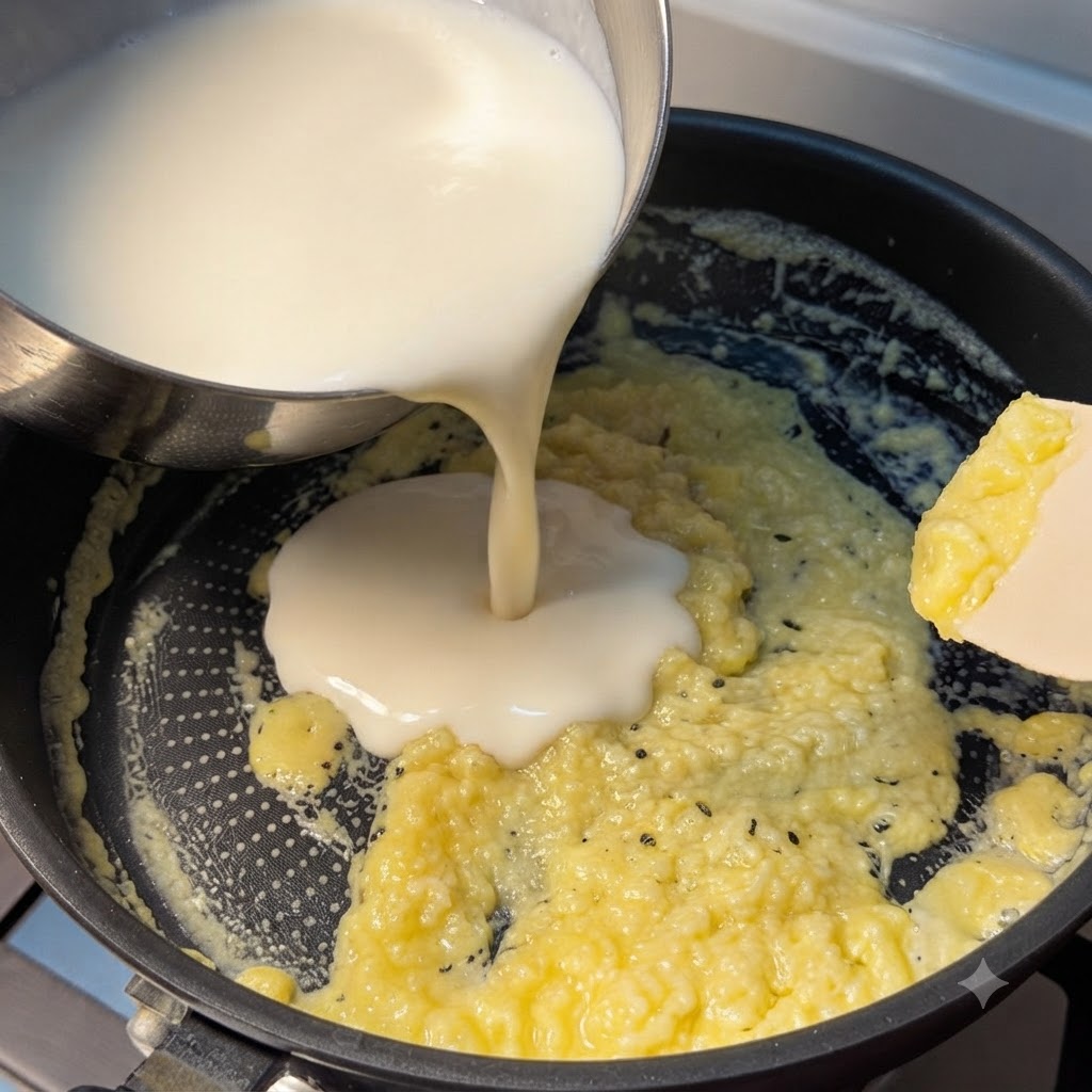Lait tiède versé dun récipient en acier dans une poêle contenant un roux jaunâtre.