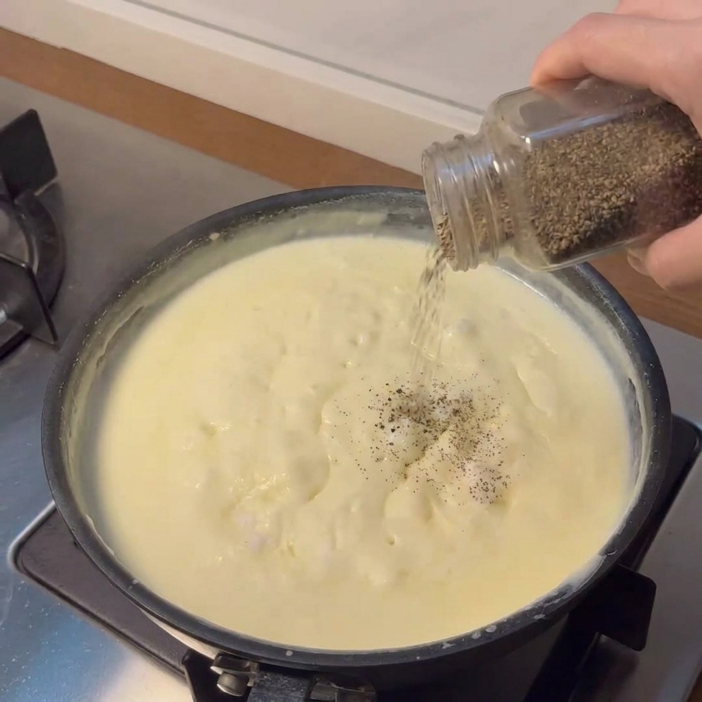 Poivre noir secoué dun bocal en verre sur une sauce blanche crémeuse cuisant dans une poêle.