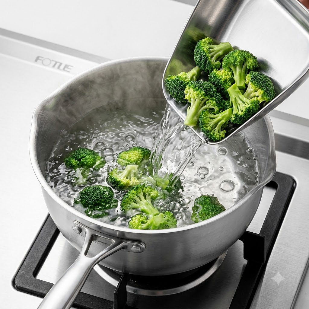 Bouquets de brocoli versés dune pelle en acier dans une casserole deau bouillante.