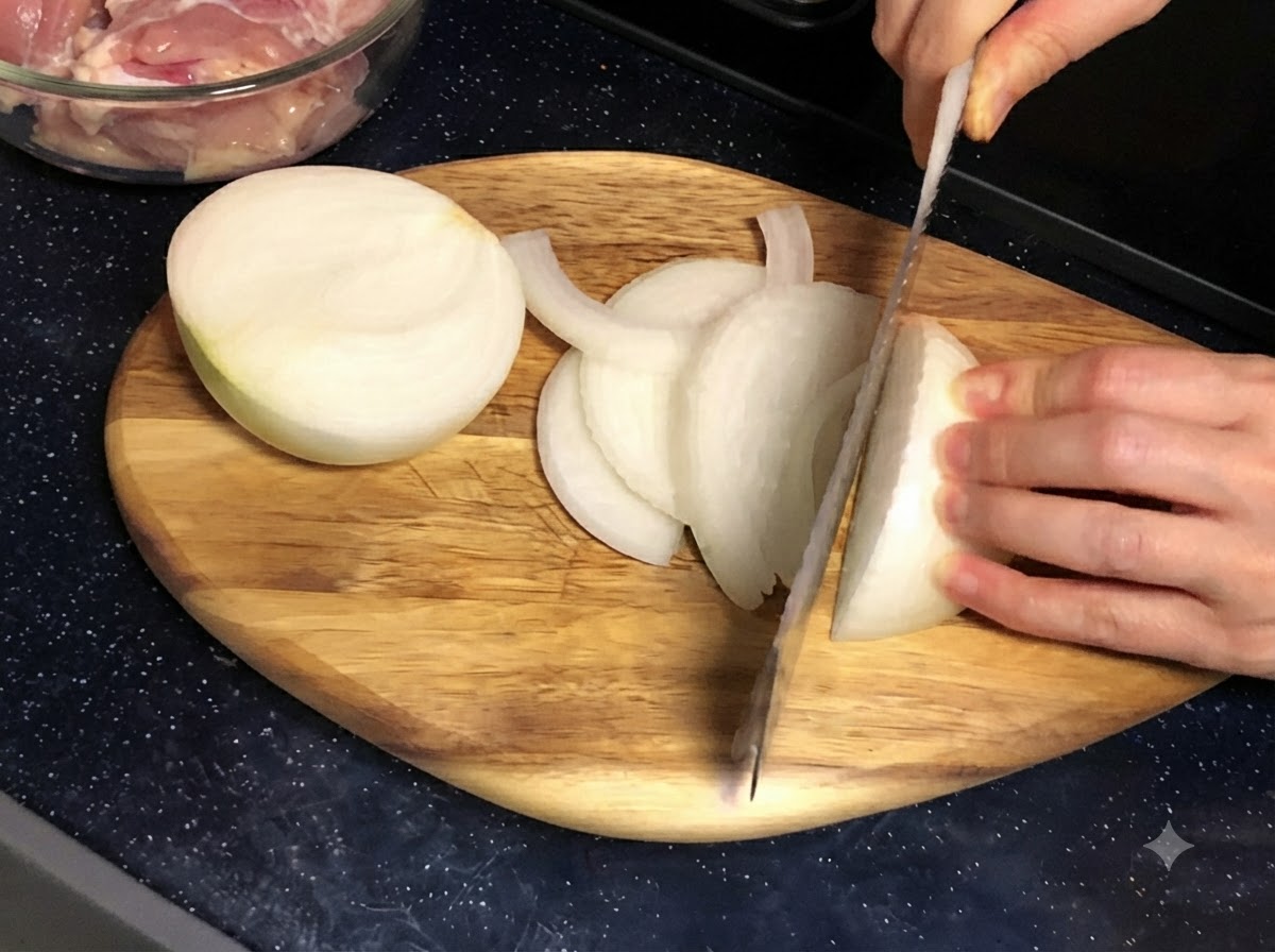 Une main éminçant un oignon blanc en fines lamelles sur une planche à découper en bois avec un couteau.