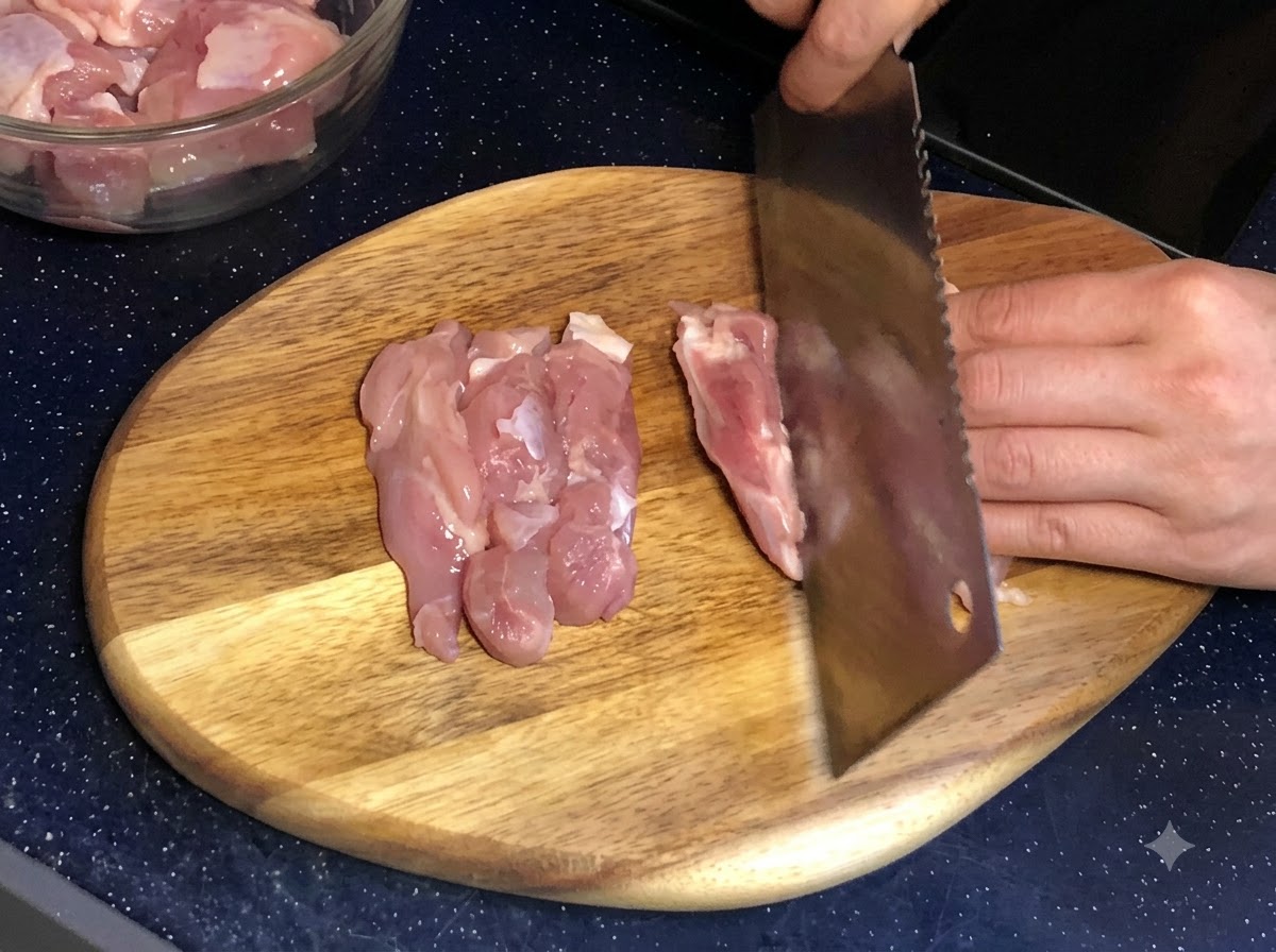 Des mains utilisant un couperet pour trancher de la viande crue de cuisse de poulet en morceaux sur une planche à découper en bois.