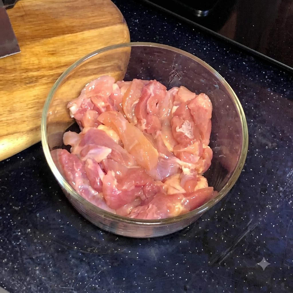 Des morceaux de viande crue de cuisse de poulet de la taille dune bouchée dans un bol en verre rond.