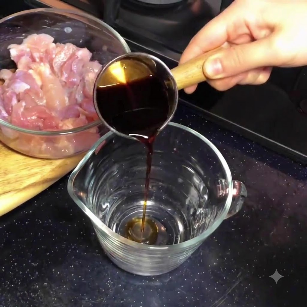 De la sauce sukiyaki foncée versée dune petite tasse à mesurer en métal dans un pichet en verre transparent.