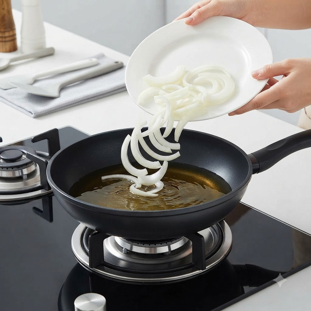 Des rondelles doignon blanc versées dune assiette blanche dans une poêle noire sur une cuisinière.