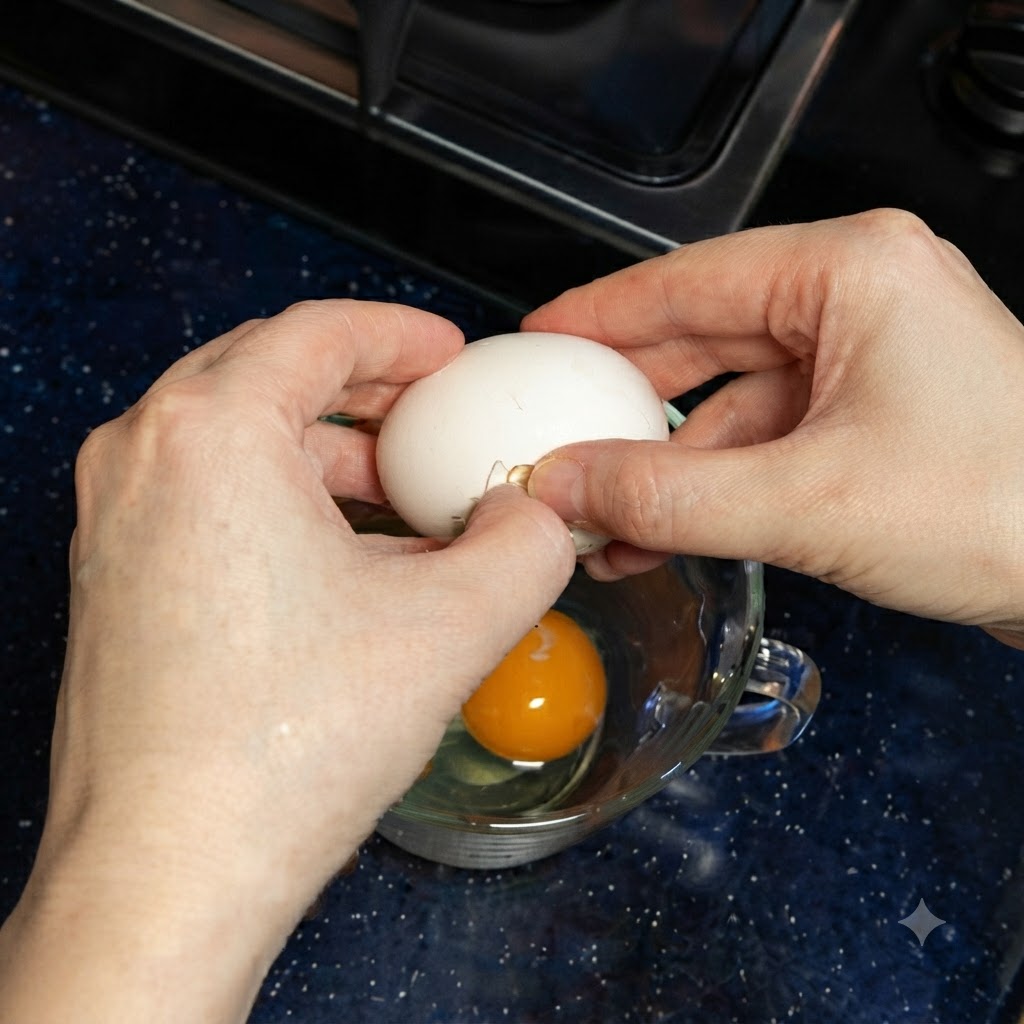 Des mains cassant une coquille dœuf blanc dans un verre doseur contenant déjà un jaune et un blanc dœuf cru.