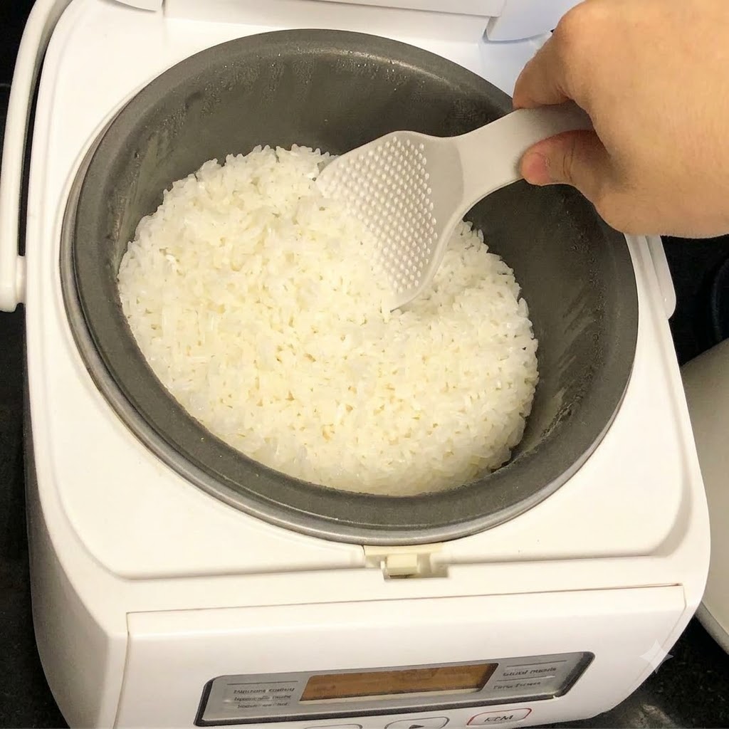Une main utilisant une spatule à riz blanche pour prélever du riz blanc dans la cuve interne dun cuiseur à riz.