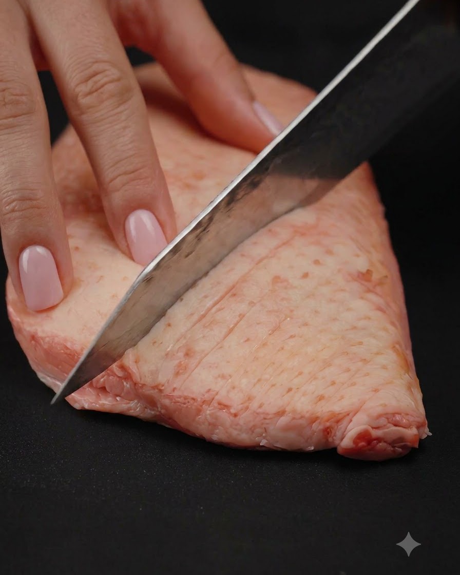 Un gros plan dun couteau de chef tranchant un motif en losange dans la couche de graisse épaisse dun magret de canard cru.