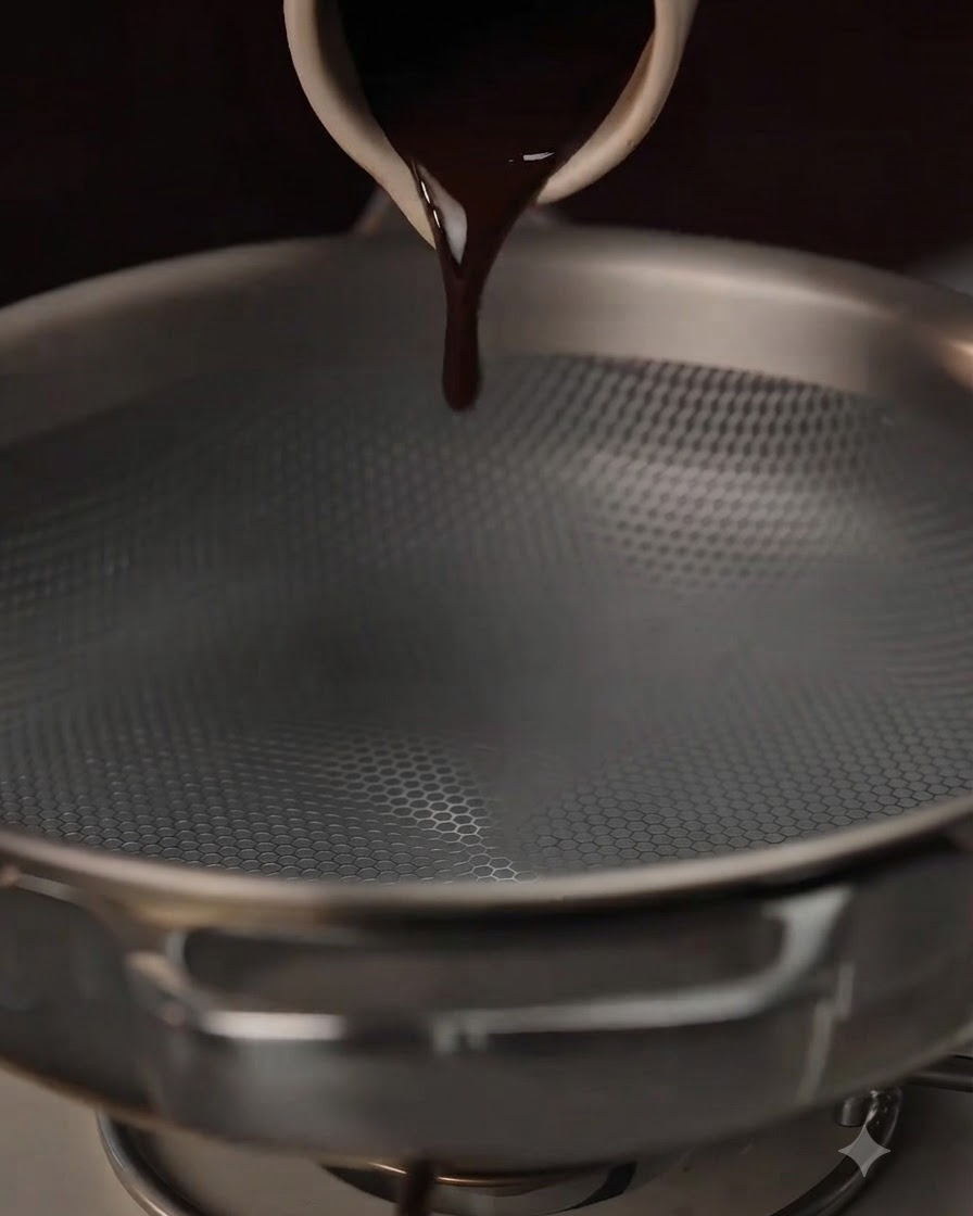 Des ingrédients de sauce foncée versés et mélangés dans une poêle en métal sur la cuisinière, incluant du miel et du gingembre râpé.