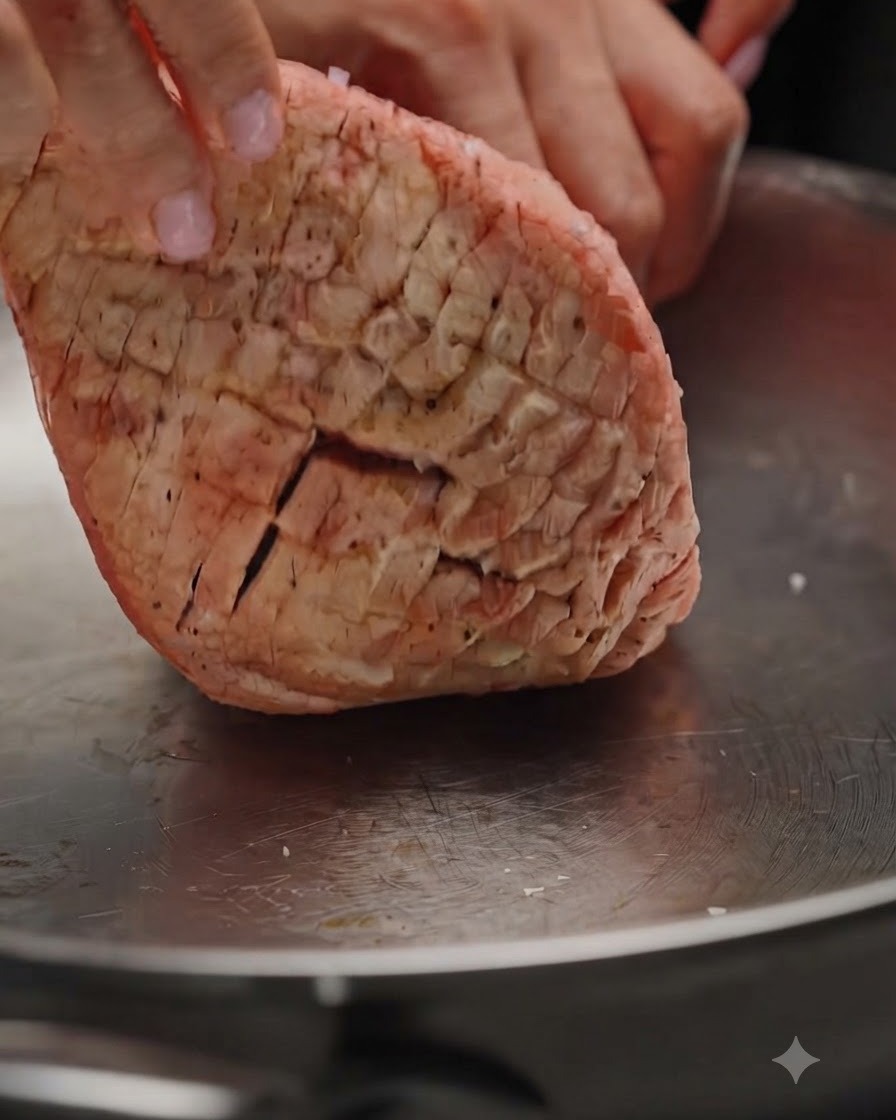 Le magret de canard quadrillé placé côté peau dans une poêle en acier inoxydable sèche et froide.