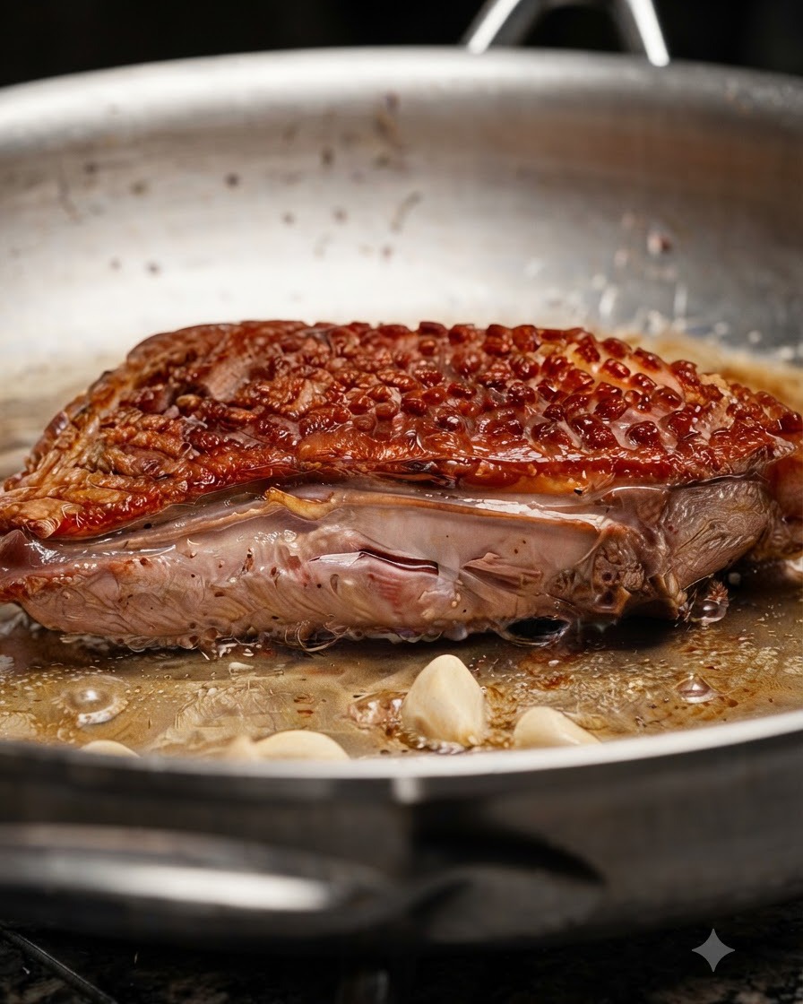 Une poêle contenant un magret de canard saisi, du beurre bouillonnant, des gousses dail écrasées et des brins dherbes fraîches.
