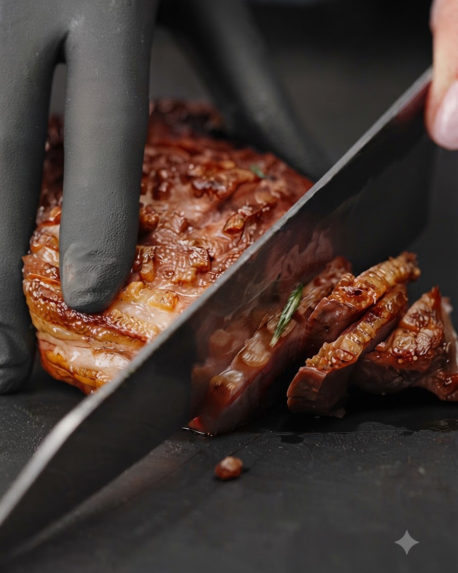 Un chef portant des gants noirs tranchant un magret de canard au repos sur une planche à découper sombre, montrant un centre rosé.