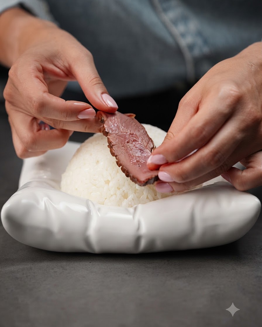 Une tranche de magret de canard cuit placée sur un dôme moulé de riz blanc dans un bol blanc.