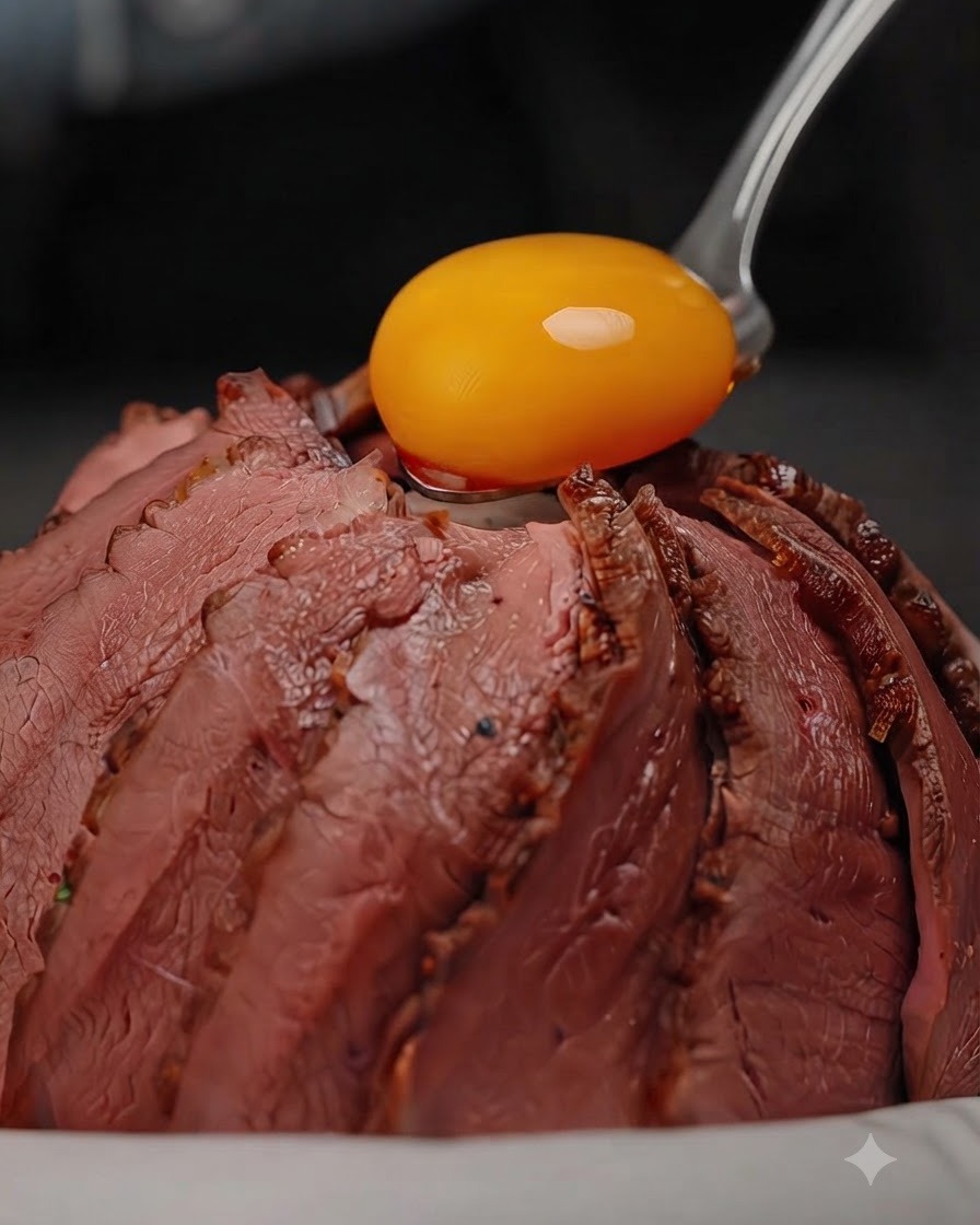 Un jaune dœuf mariné dun jaune vif reposant délicatement sur des tranches de magret de canard rosé disposées en éventail dans un bol de riz, garni de ciboulette verte.