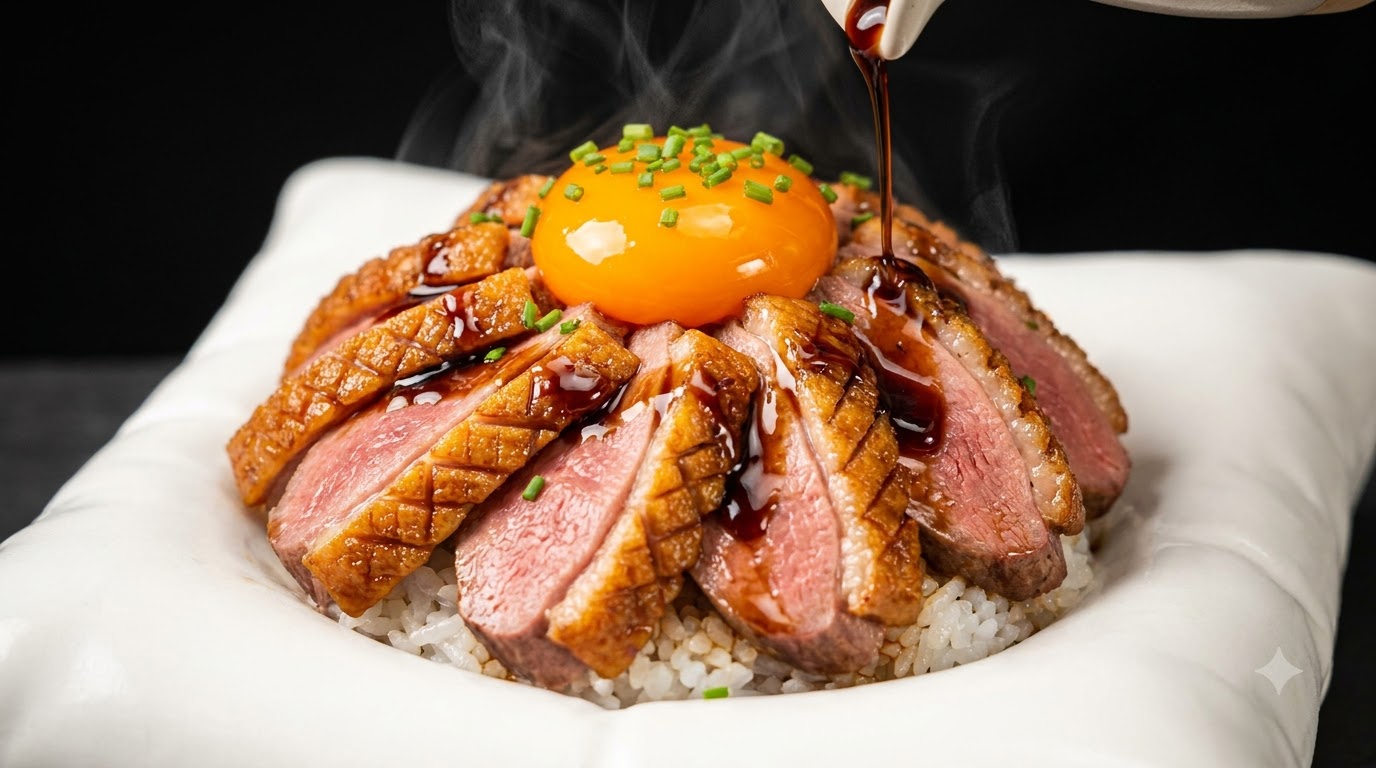 Donburi de Canard Croustillant Saisi à la Japonaise et Jaune d'Œuf Mariné