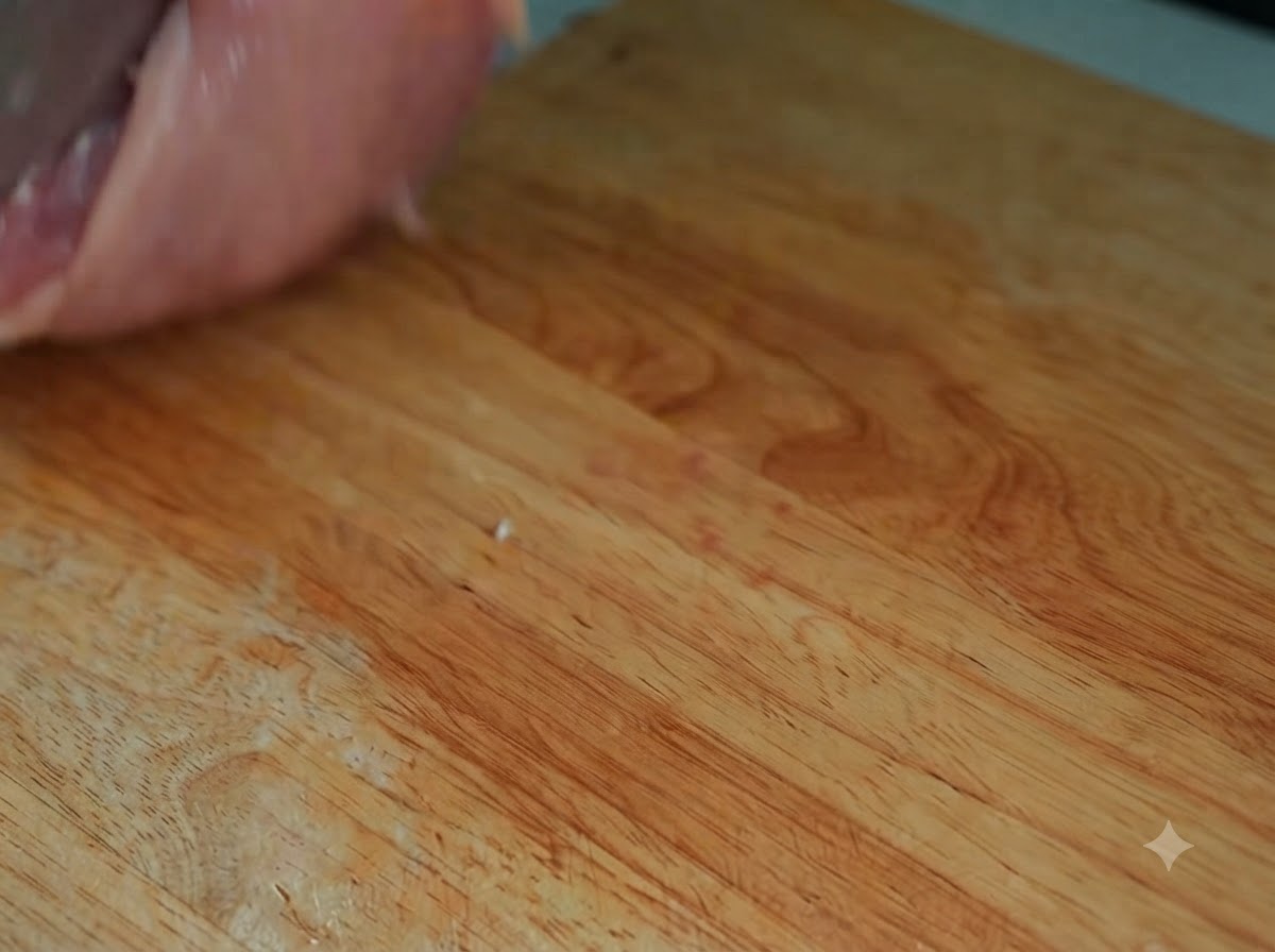 Un couteau bien aiguisé parant lexcès de gras et la membrane dun magret de canard cru sur une planche à découper en bois.