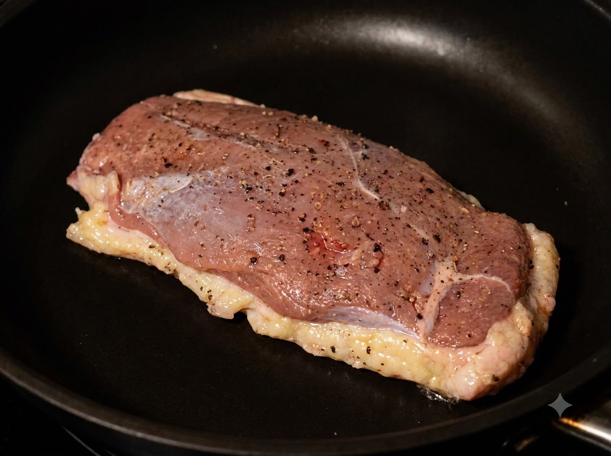Un magret de canard cru et assaisonné placé côté peau dans une poêle noire non chauffée.