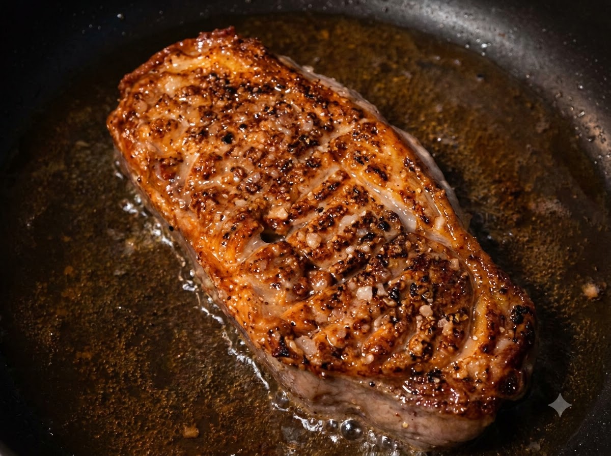 Un magret de canard retourné avec une peau bien dorée et croustillante qui cuit dans sa propre graisse.