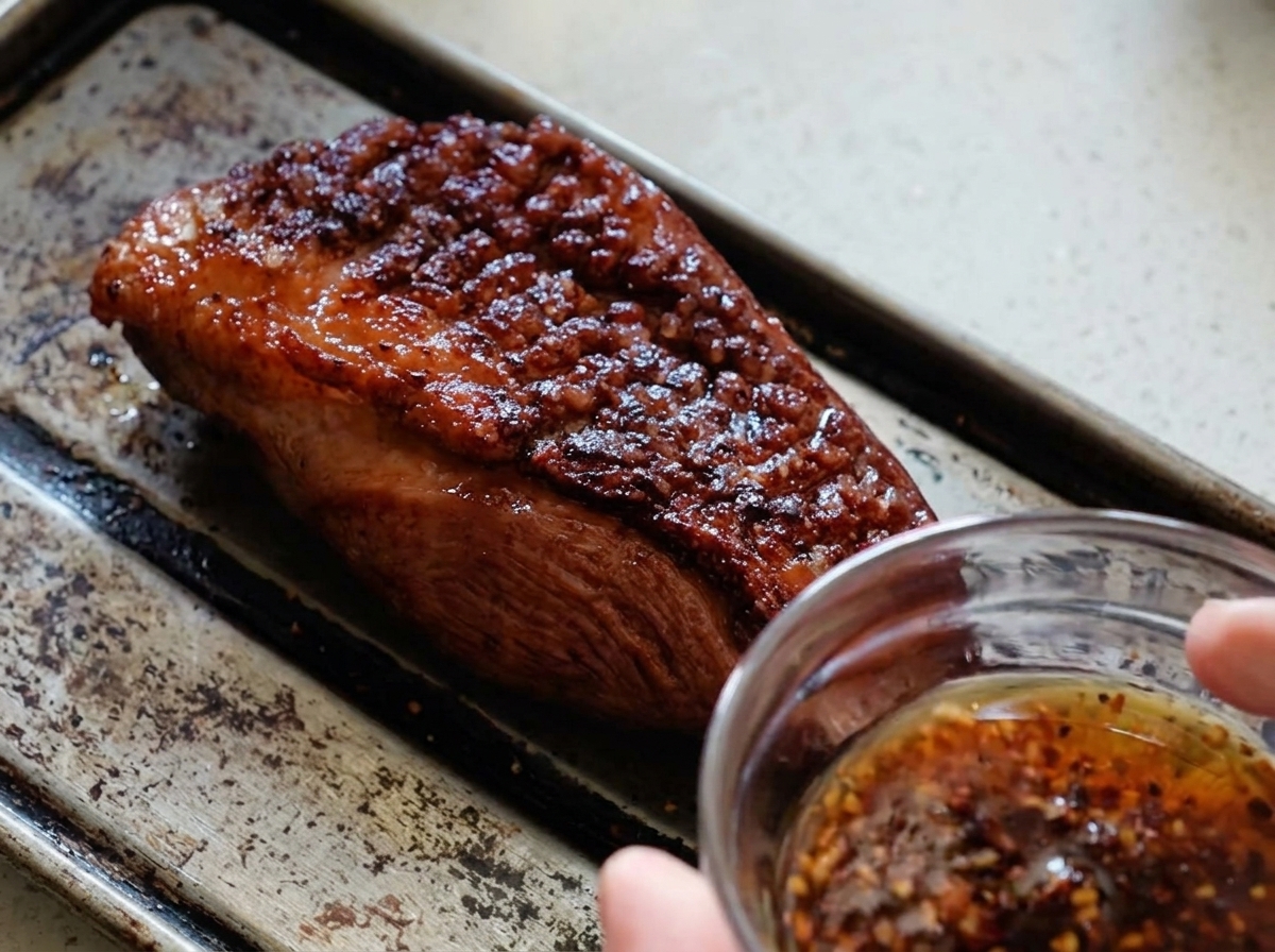 Un magret de canard saisi sur une plaque de cuisson métallique prêt à être glacé, avec un petit bol de glaçage soja-miel au premier plan.