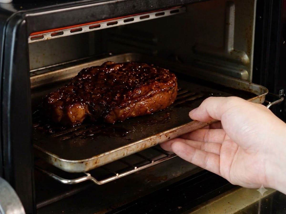 Un magret de canard glacé sur une petite plaque de cuisson en train dêtre glissé dans un mini-four préchauffé.