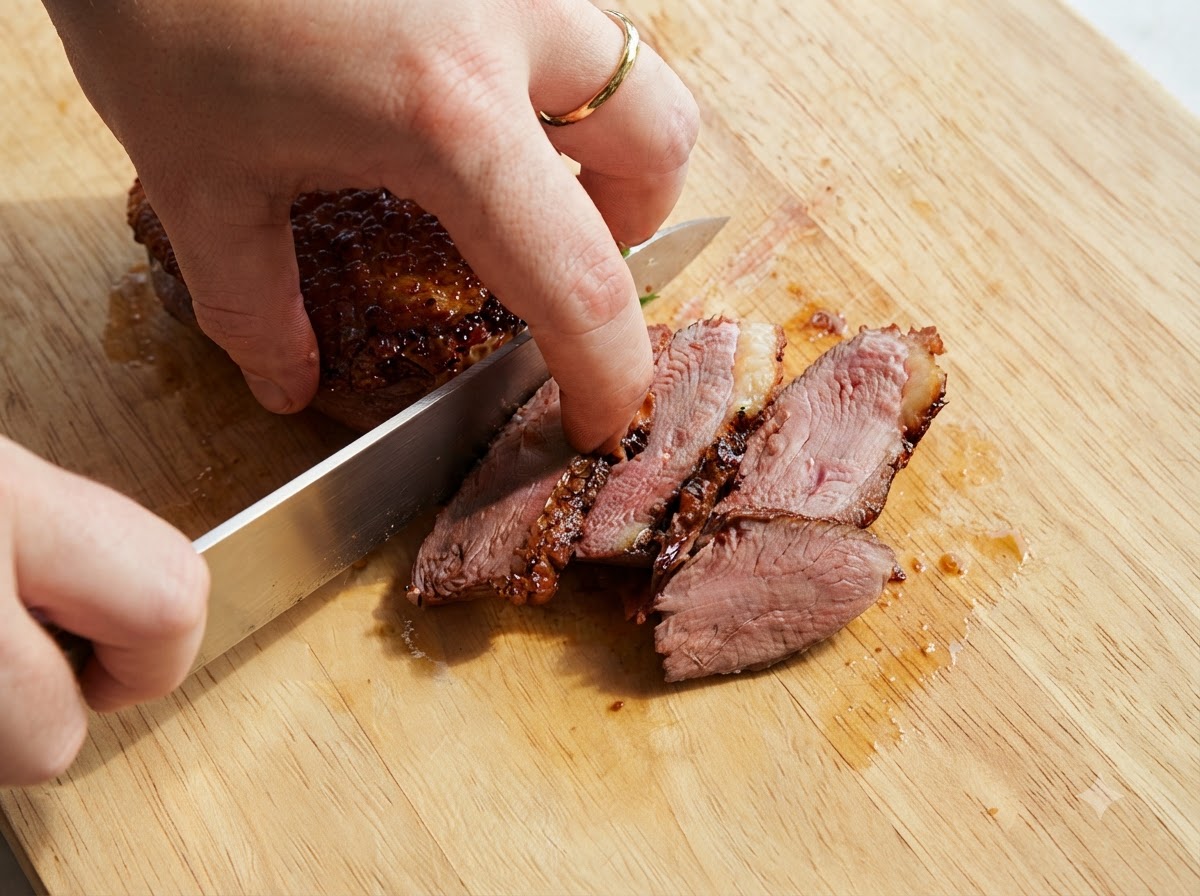 Un couteau bien aiguisé tranchant un magret de canard rôti sur une planche en bois, révélant une chair rosée et juteuse.