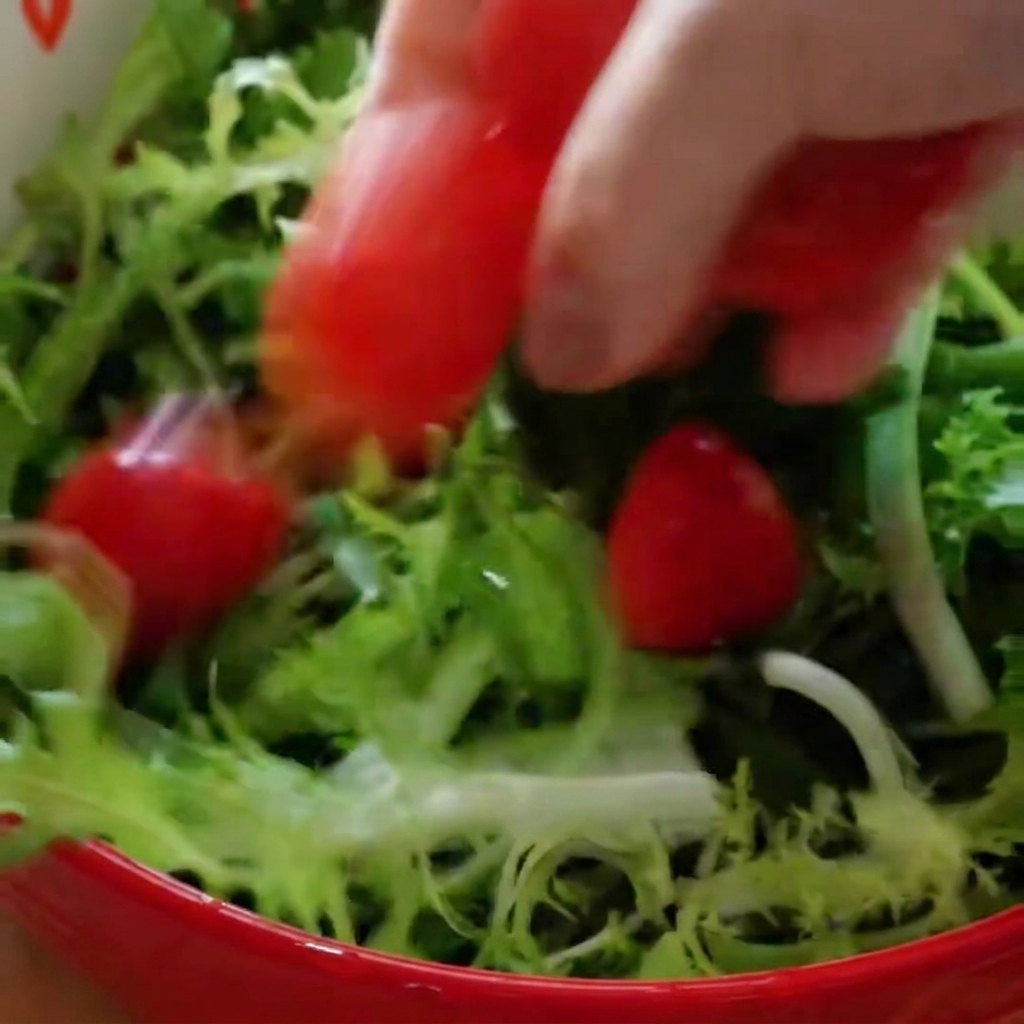 Une main mélangeant des feuilles de salade verte et des tomates cerises coupées en deux dans un bol blanc à bord rouge.