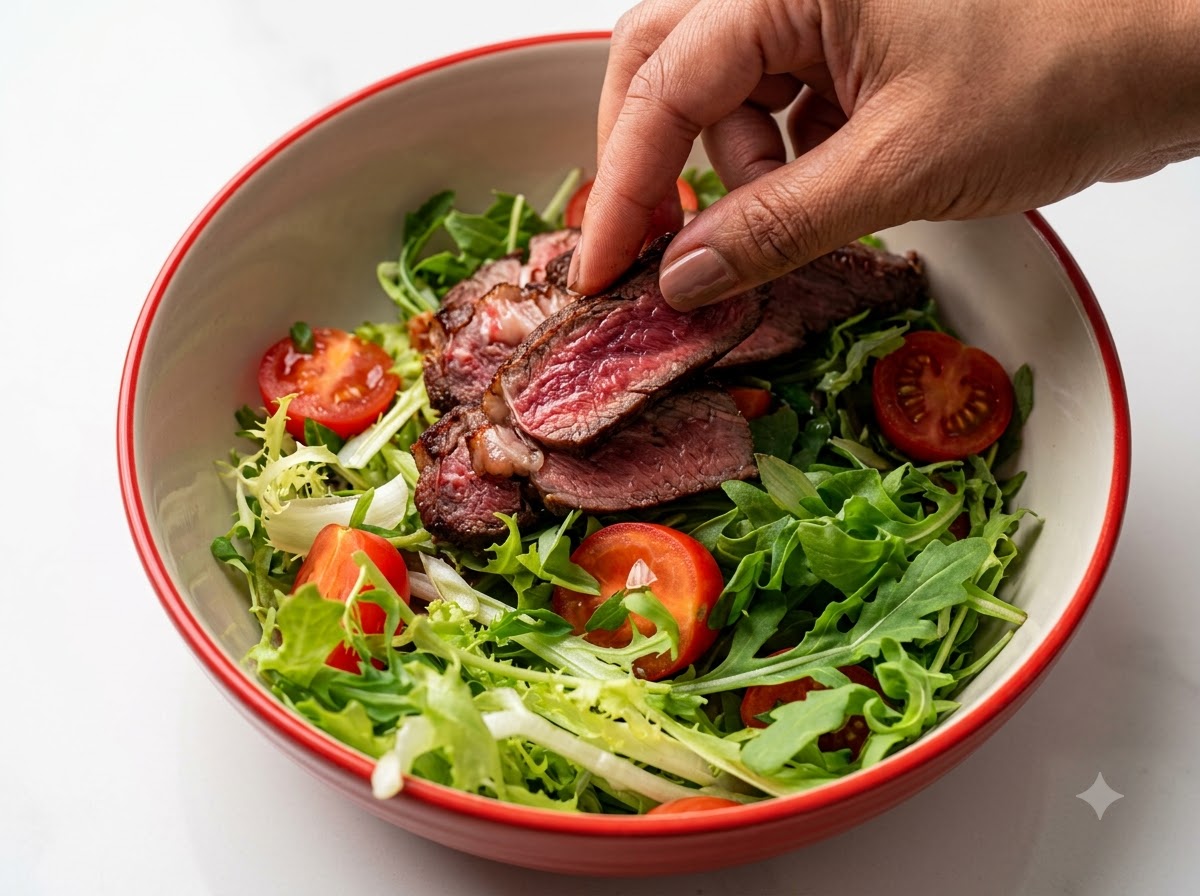 Des tranches de magret de canard disposées avec soin par-dessus une salade de jeunes pousses dans un bol blanc.