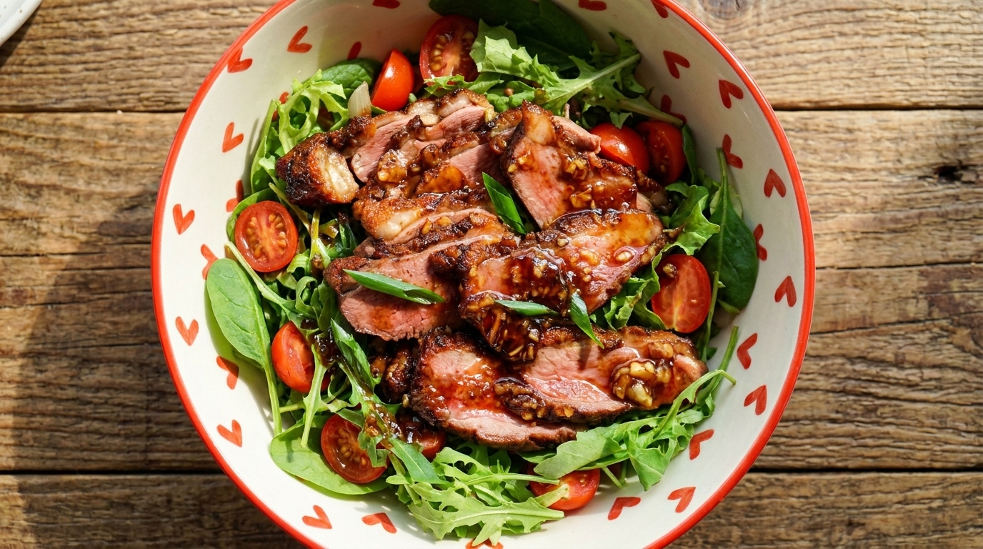 Salade de magret de duck à la française avec glaçage soja-miel