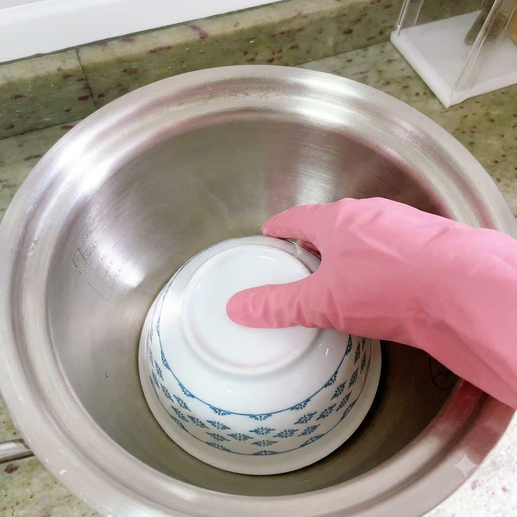 Une main gantée plaçant un petit bol en céramique bleu et blanc à lenvers au centre du pot en métal.